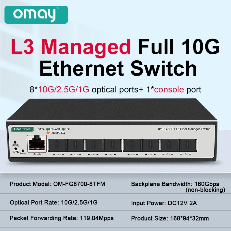 OMAY 8 10-gigabitowych portów SFP+ L3 Zarządzany przełącznik sieciowy Obsługuje DHCP i dynamiczne routery Obsługa dzielenia VLAN i port Aggregati