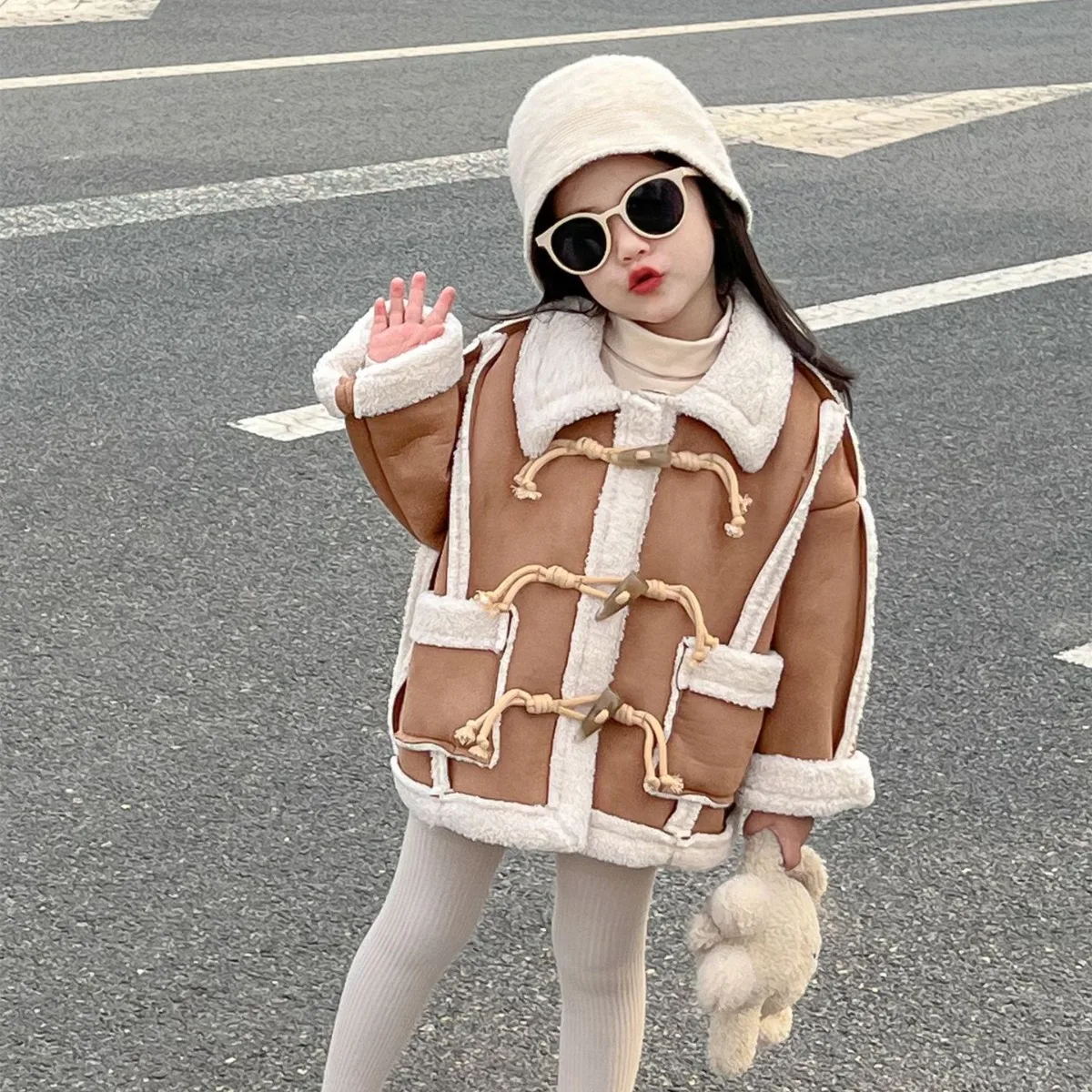 Girls Warm Coat 2024 New Winter Air Layer Wheat-ear Compound Soft Waxy Wool Inner Buckle Korean Simple Style Fashion Coat