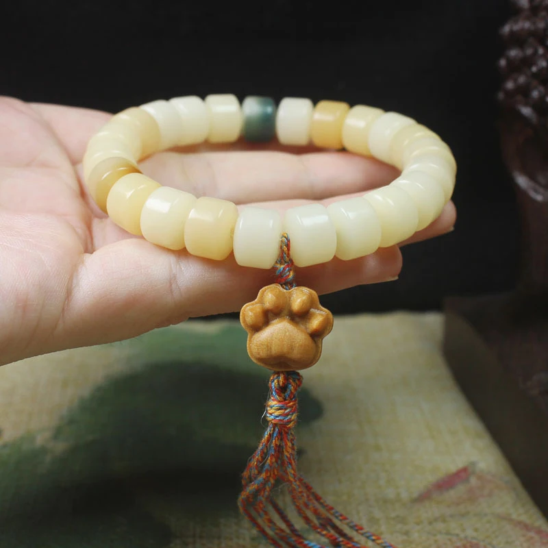 Weathered Bodhi Root Barrel Bead DIY Cat Claw Tassel Bracelet, Unisex Cultural and Collectible Prayer Beads 2