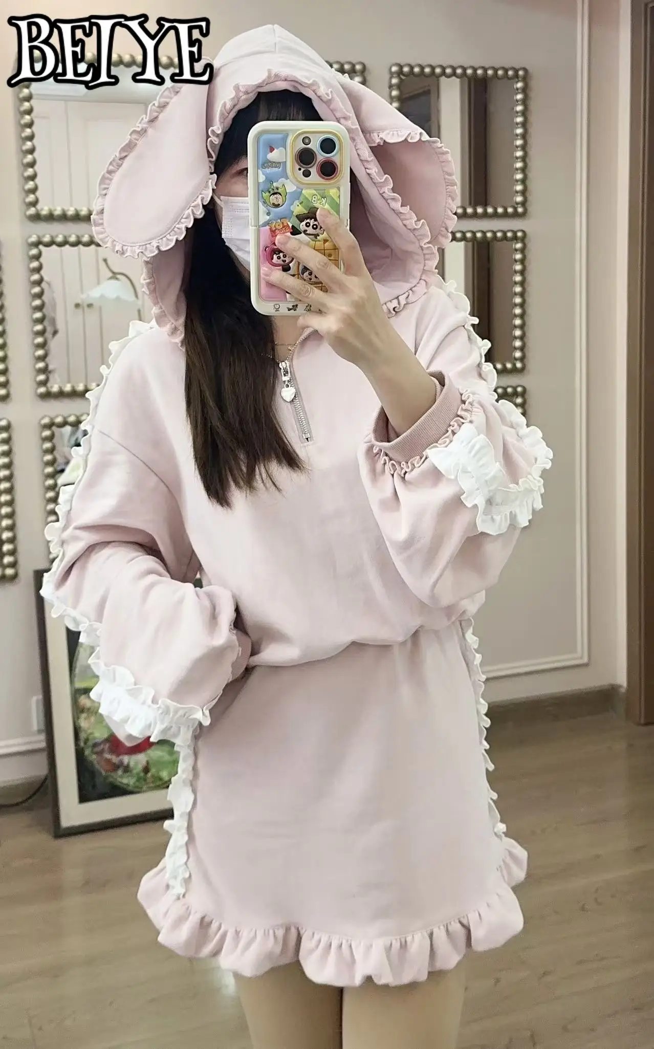 

Japanese Girls Casual Sportswear Dress Cute Rabbit Ears Hooded Fungus Edge Slim Solid Color Pullover Hoodie Dress