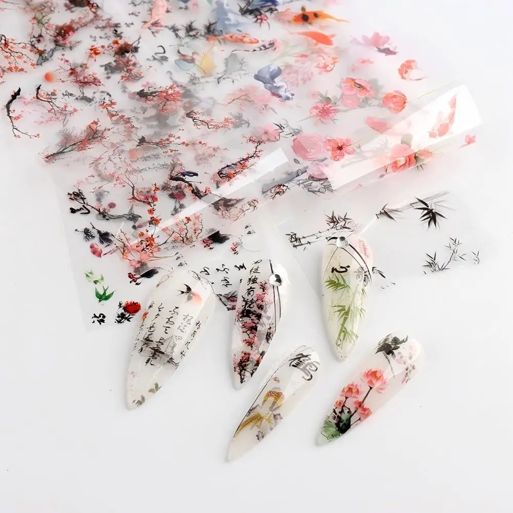 10pcs Chinese Ink Painting Nail Stickers Peony, Crane Calligraphy Designs, Water Transfer Decals for DIY Manicure