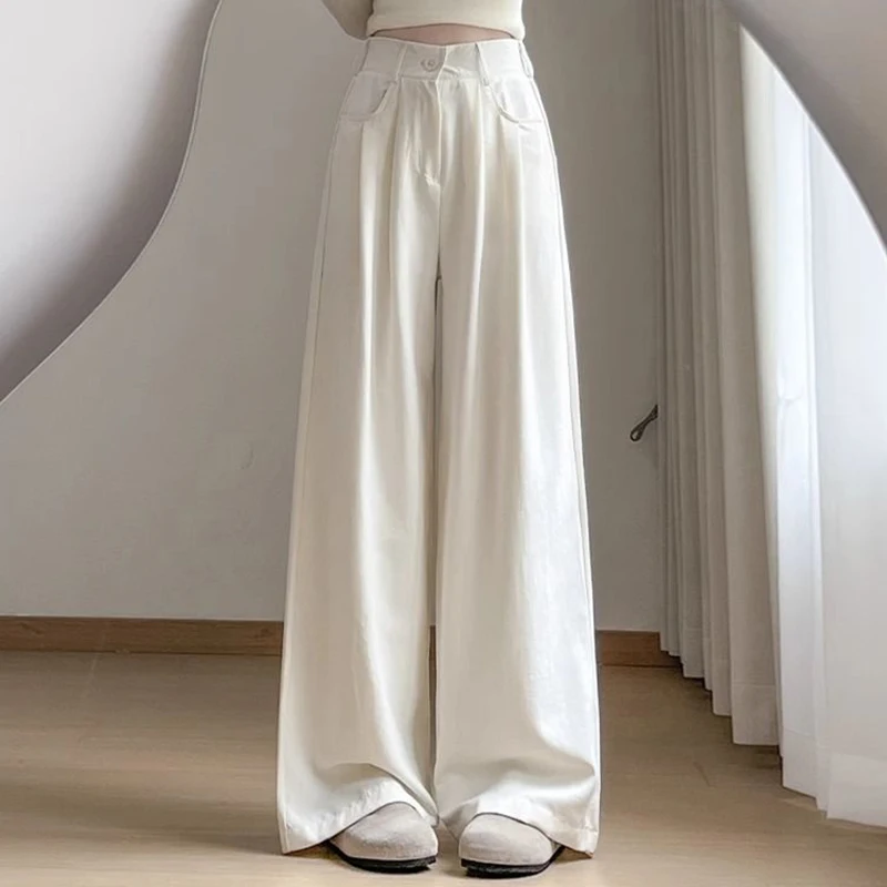 Damen Komfortable Dünne Eisseide-Hose Einfarbige Hochtaillierte Hose Mädchen Klassische Modische Weite Hose