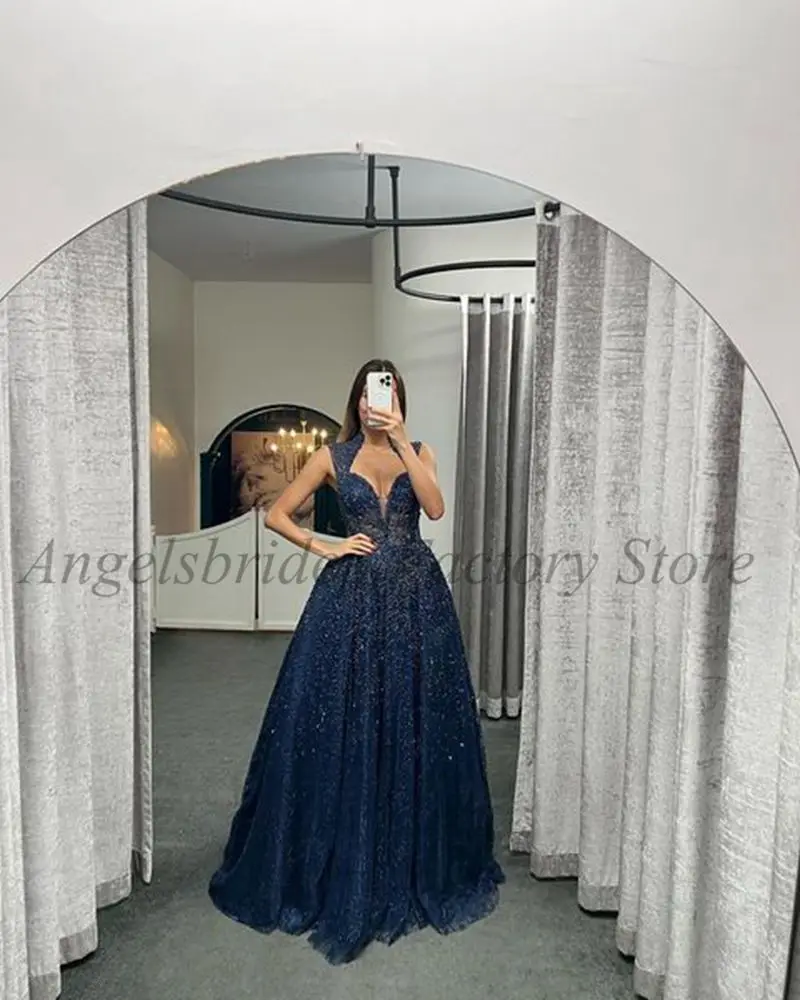 

ANGELSBRID Navy Blue Evening Dresses Glitter Sequins A Line Floor Length Robes De Soirée Long Formal Vestidos De Gala Prom Gowns