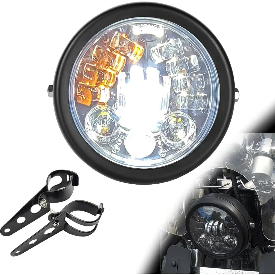 

5.75inch Motorcycle Headlight with White DRL Integrated Amber Turn Signal Matte Black Housing Bucket 32-40MM Fork Tube Side Moun