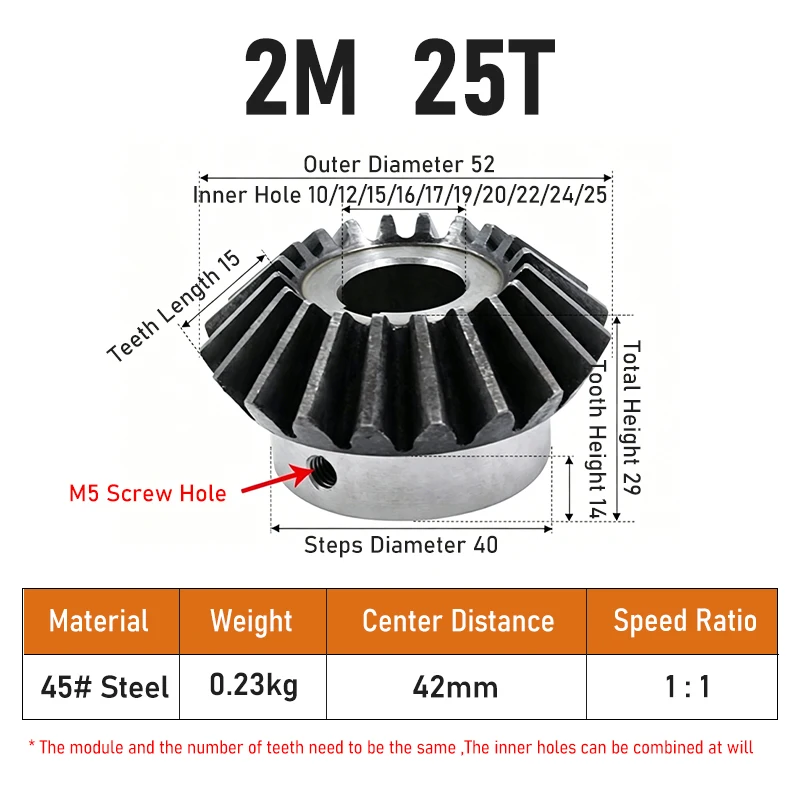 Bevel Gear 2M 25T With Keyway Bore 10/12/14/15/16/17/19/20/22/24/25mm 90 Degree Drive Commutation Steel Gears With Screw