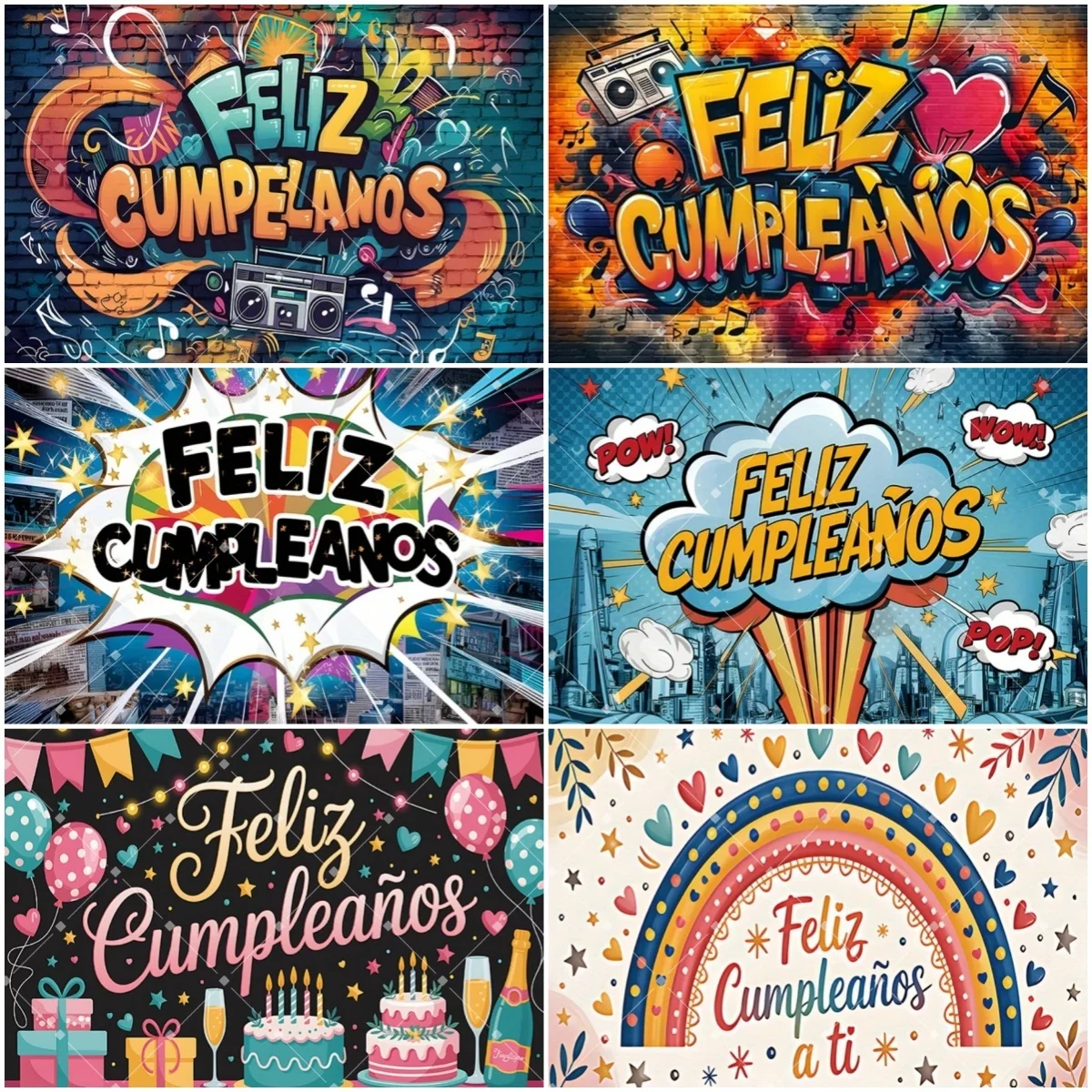 

Spanish Happy Birthday Party Supplies Background Colorful Painting Graffiti Art Photography Backdrop Decor Adult Kid Gift Prop