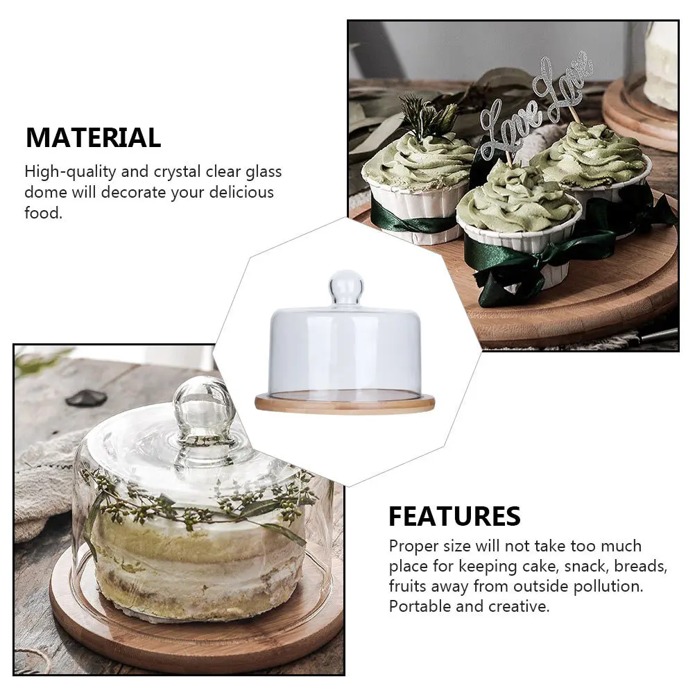 

Glass Cake Cover With Wooden Plate 1 Set Transparent Food Display Lid Dustproof Protective Cover For Cakes Snacks Breads Fruits