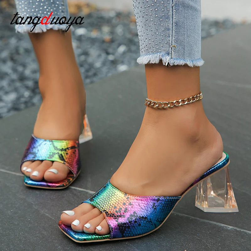 Summer Women Open Toe Sandals High Heels Sexy Fashion Mixed color sequins Women Mules Summer Dress Party Shoes Plus Size