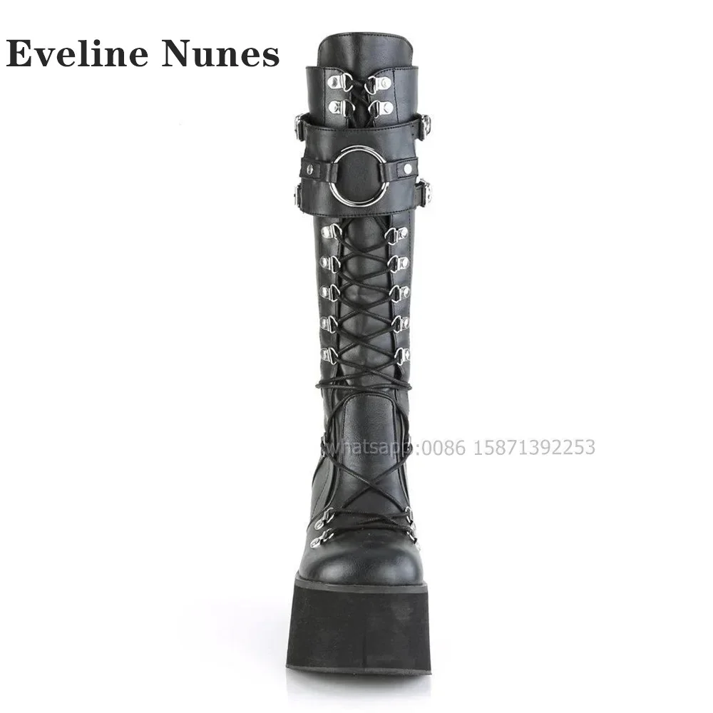 Round Toe Wedges Cross Tied Patchwork Zip Knee High Boots Metal Decoration Platform Motorcycle Boots  Big Size Belt Buckle Shoes view 6