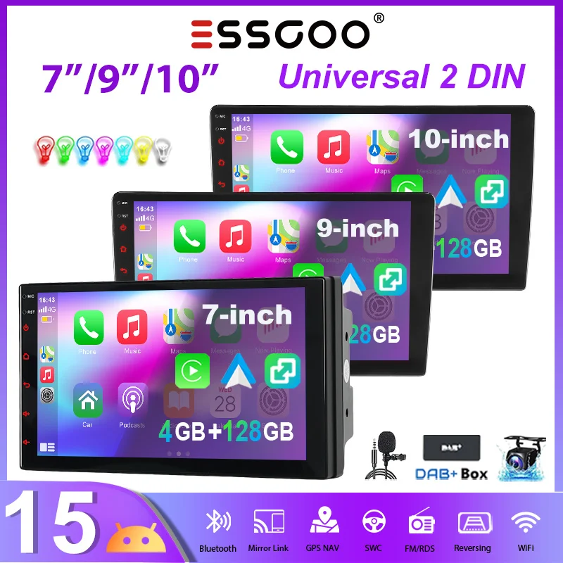 Autoestéreo Universal ESSGOO Android 15 7"/9"/10" 4+128 GB 2 DIN CarPlay Inalámbrico Android Auto Navegación GPS RDS FM Bluetooth 7 Colores Pantalla ASP Mirror Link Pantalla Táctil Control de Volante