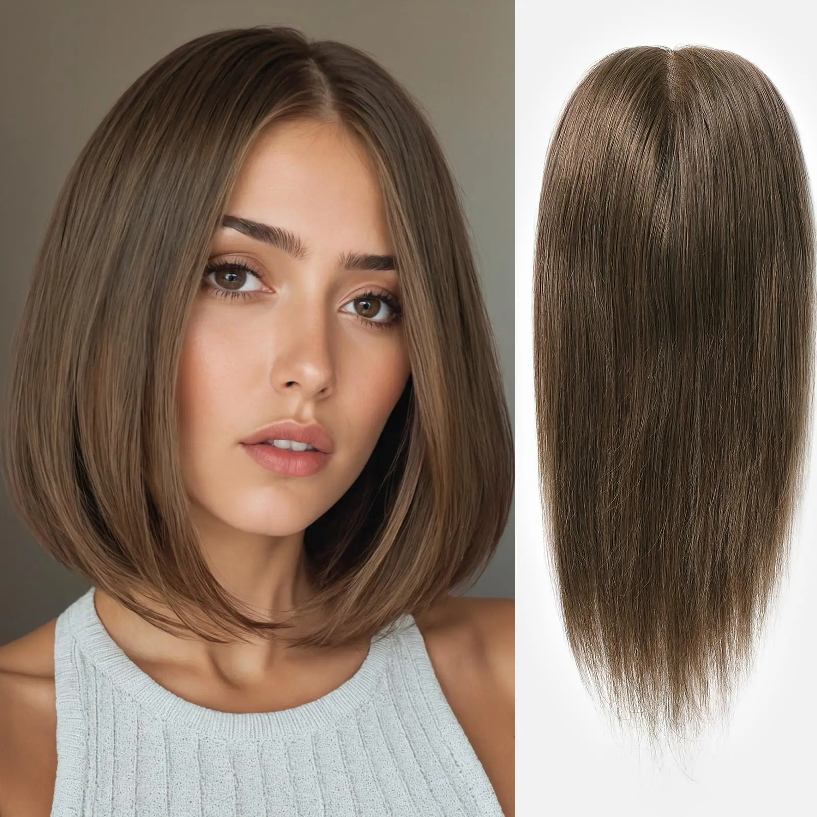 

100% Brazilian Human Hair Topper for Women with Silk Base 12" Lengths Natural Black Straight Remy Hair