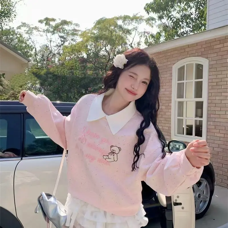 Felpe con colletto polo con orso carino stile preppy Lolita Girls Felpa con cappuccio Kawaii allentata Pullover Coreano Grunge Top Autunno Trendy Casual