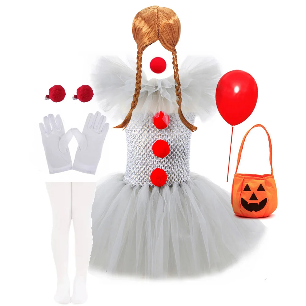 

Girls New Gray Joker Dress for Kids 2025 Halloween Carnival Cosplay Creepy Clown Costume Children Dress Up Party Clothes