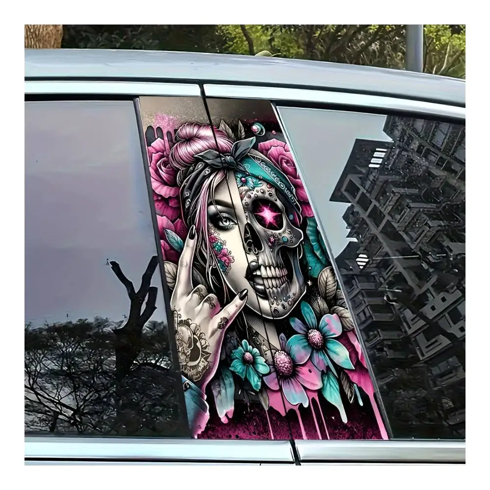 Skull Girl Pink Rose Candy Skull Car B Pillar Stickers Decals Universal S