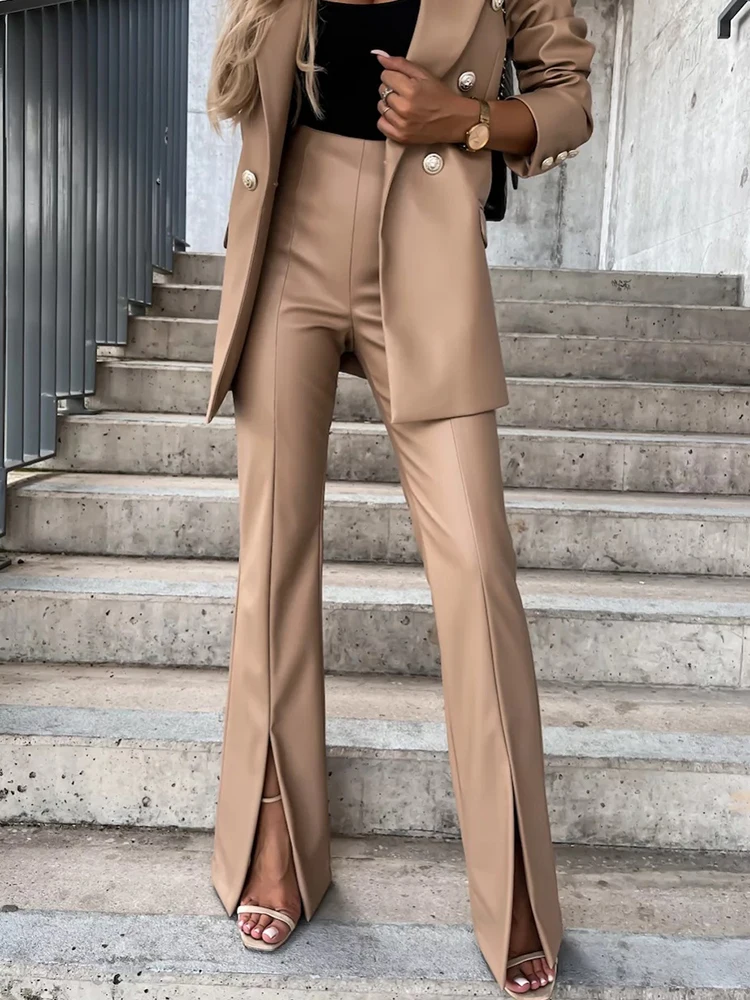 

Women Casual Split High Waist Flare Pants Autumn Winter Retro Solid Lady Slim Fit Trousers Elegant Female PU Leather Pants 2022