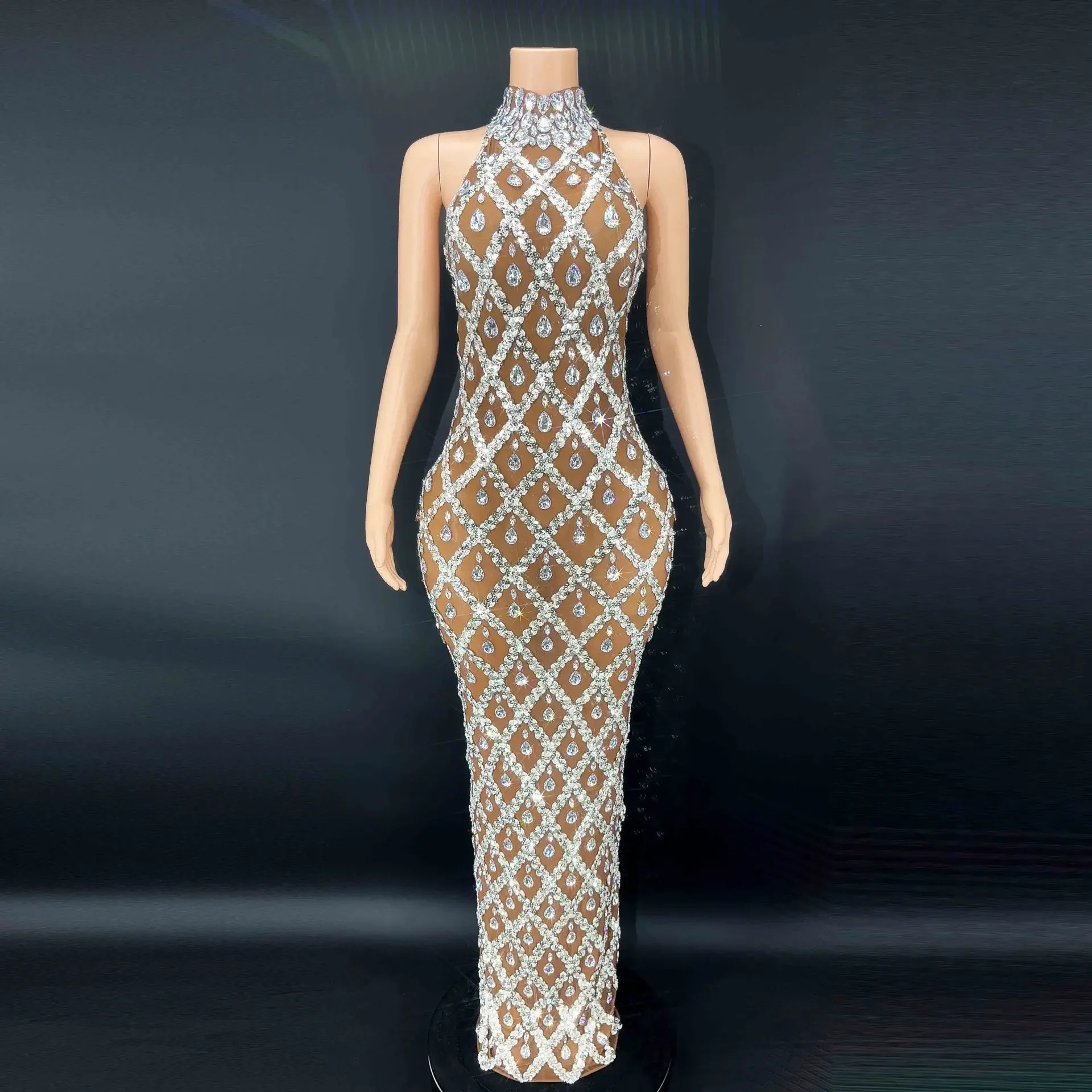

Sparkly Silver Big Rhinestone Transparent Long Dress Evening Birthday Celebrate Luxurious Costume Dancer Flashing Dress