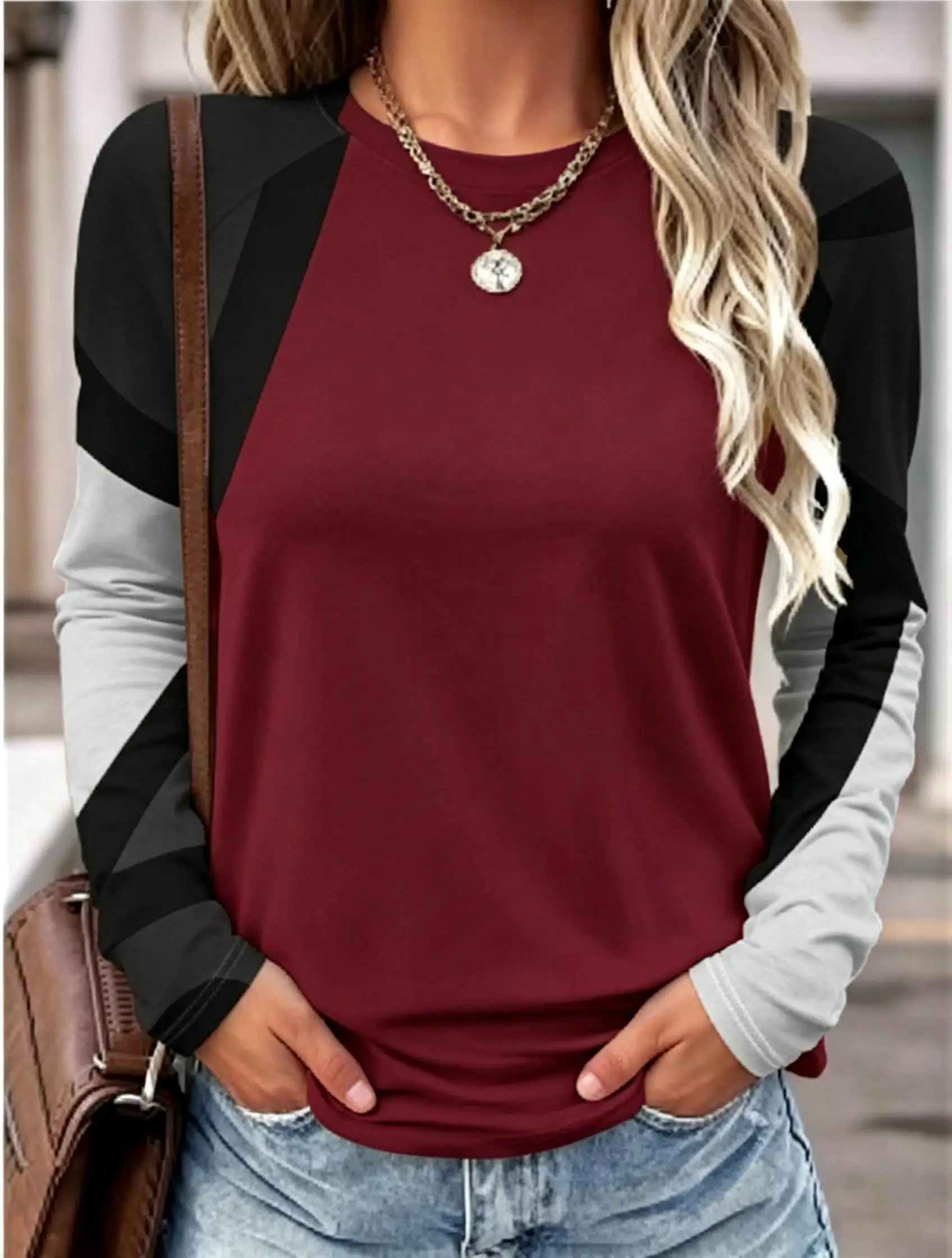 2026 Women Long Sleeve T Shirt Geometric Color Block Print Autumn Fashion Casual Holiday Party Top Women's Clothes view 3