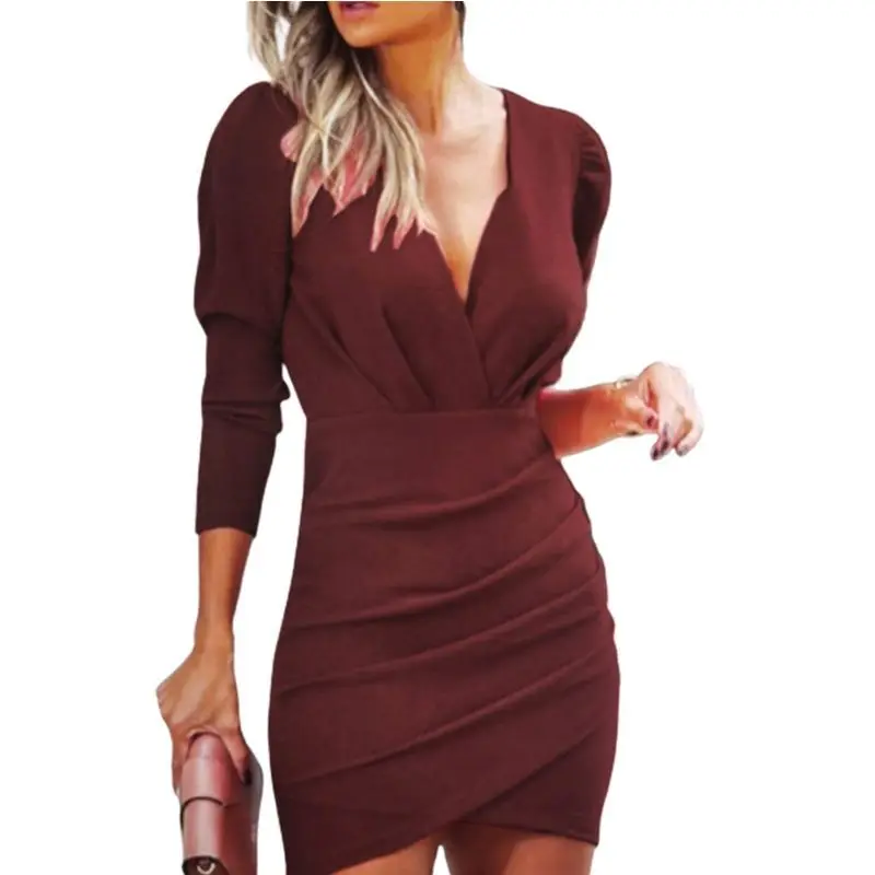 6-Color V-Neck Long Sleeved Slim Dress Women's Solid Color Pleated Sexy Dresses Lady Spring Autumn Birthday Party Mini Dress