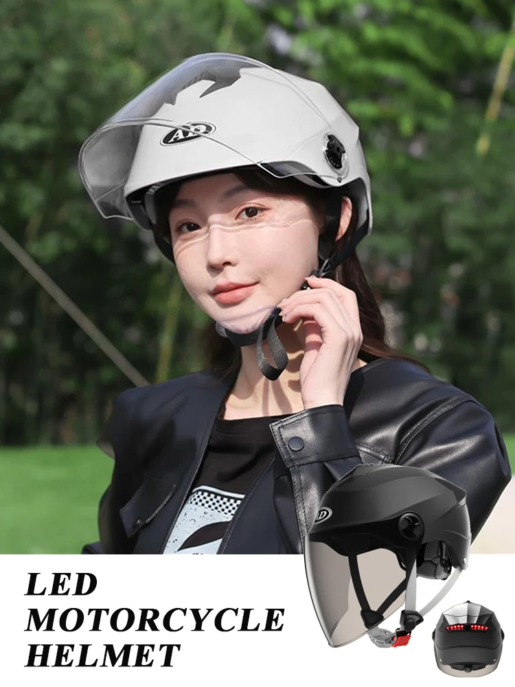 AD Electric Car Helmet Men Summer Sun Protection Led Battery Car Hard Hat Women\'s Four Seasons Universal Motorcycle Half Helmet