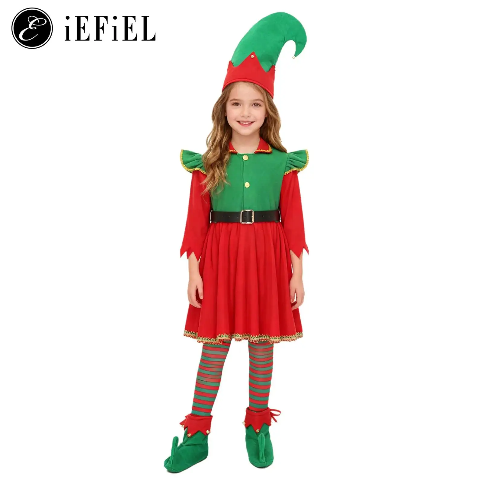 

Girls Christmas Santa Elf Cosplay Costume School Xmas Festival Theme Show Stage Performance 3 Pcs Suits A Line Dress with Hat