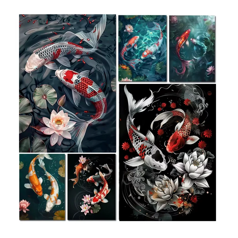 Diamond Art Kits For Adults, Diamond Painting Kits For Beginner Set DIY Full Square Fish Lotus For Home Wall Decor Gift