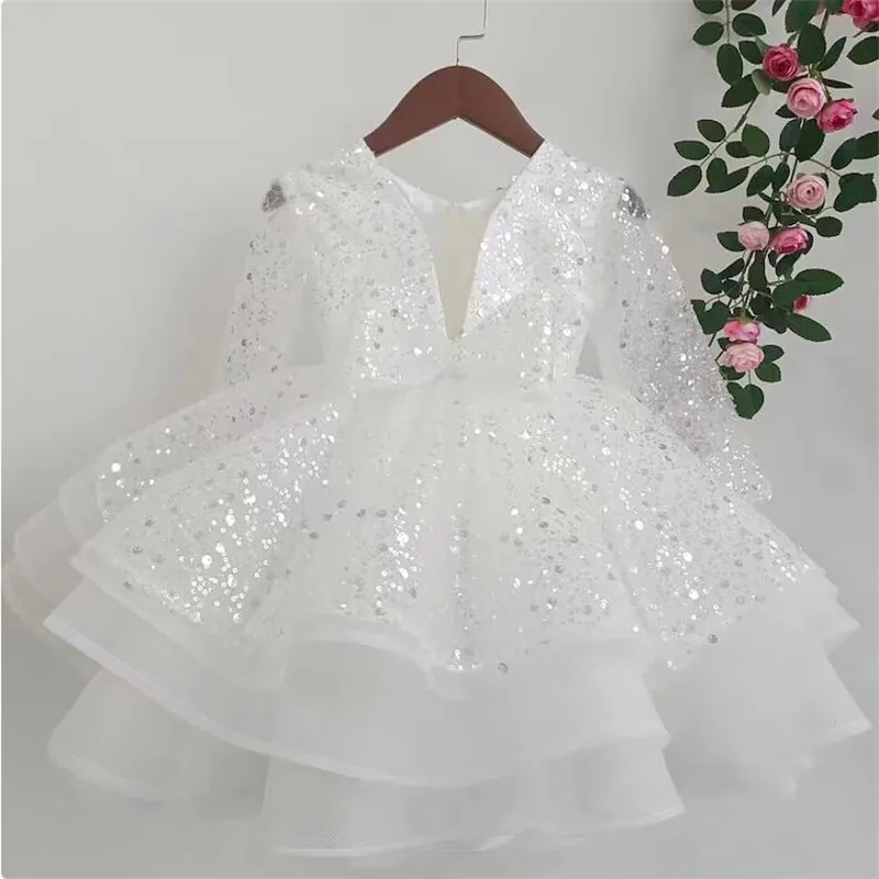 Vestido de Natal branco da criança, vestido Tutu, vestido de aniversário de um ano, traje de Natal Glitter, 12M, 18M