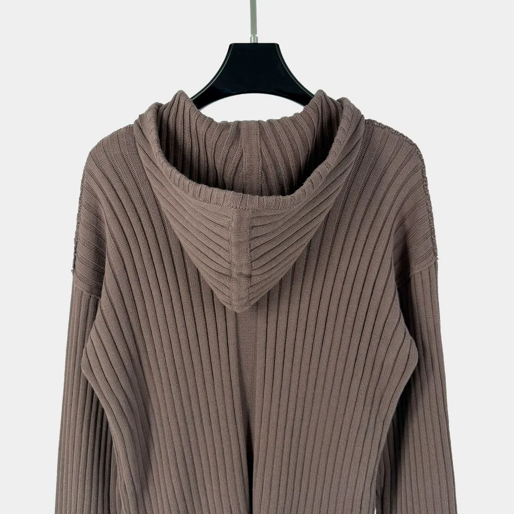 High Street Hooded Sweater Cardigan Jacket Men's Black Pioneer Ribbed Knitted Hooded Sweater Zipper Cardigan Slim Fit Coat