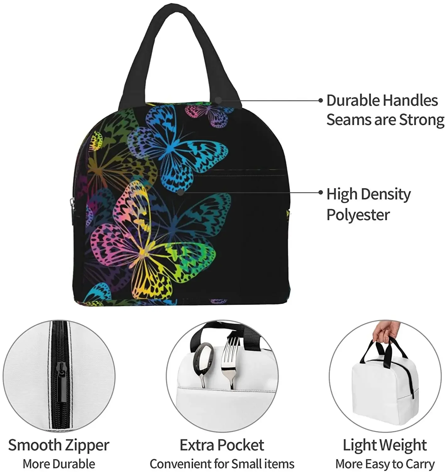 Saco de almoço com recipientes colorido borboleta isolado lancheira freezable cooler térmico à prova dwaterproof água bolsa para mulher