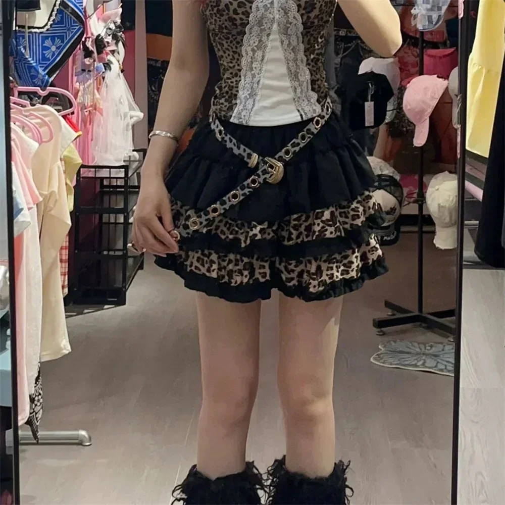 Hot Girl Y2K Fashion Punk Vintage Short Fluffy Skirt Leopard-print Cake Skirts Women Japanese Harajuku Subculture Soft Skirts