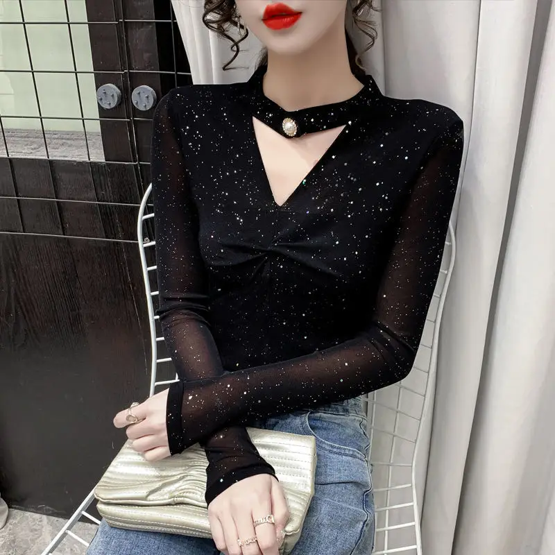 Sexy Hollow Mesh Sheer Elegant Chic Glitter Fashion Party Club Basic T Shirt Women V-Neck Long Sleeve Black Top Female Clothing