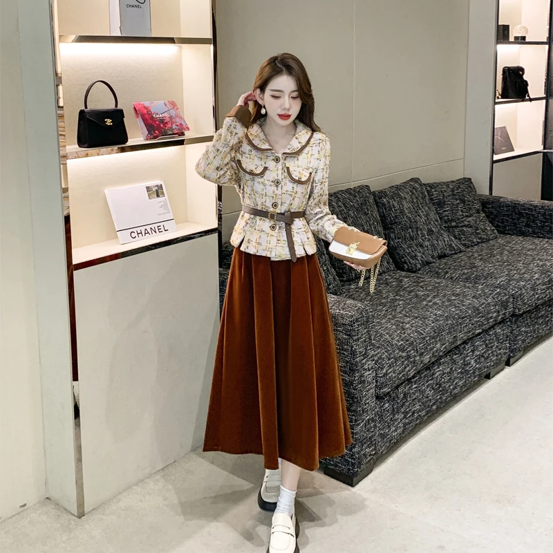 In Stock: 2024 Autumn New French-style Elegant Suit Set for Women Female Office Lady, Jacket + Velvet Skirt Two-piece Set Trendy