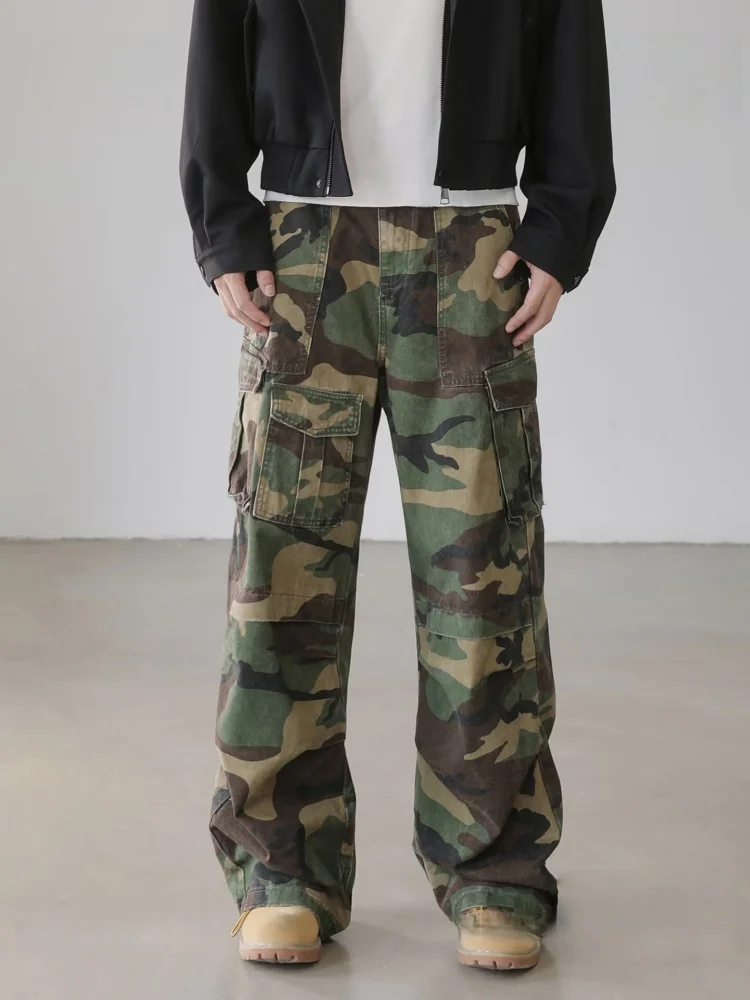 

2025 American Retro Y2K Streetwear Camouflage Baggy Cargo Jeans Pants Men Clothing Multi Pockets Straight Cotton Long Trousers