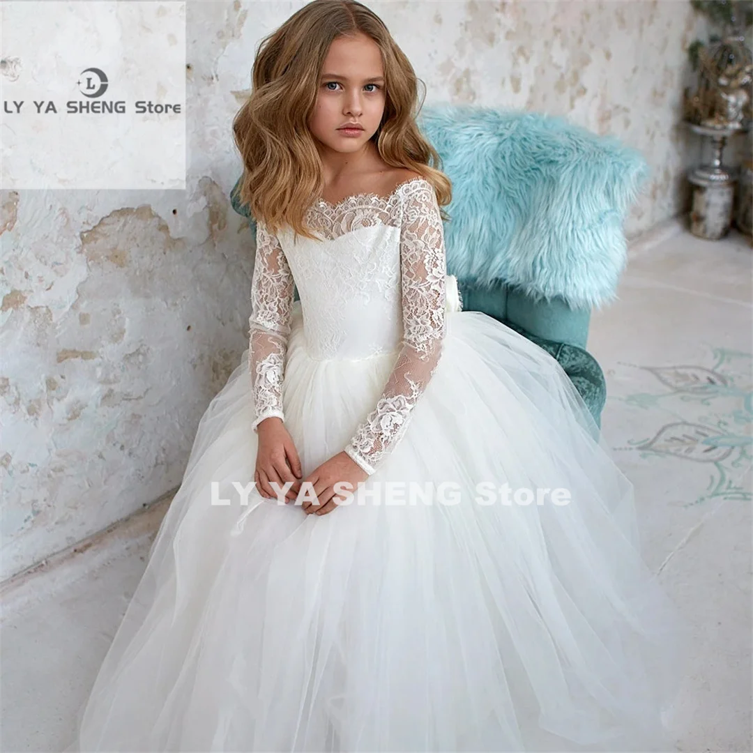 

Full Sleeves Flower Girl Dress Bohemian Tulle Ivory White Lace Bow Girls First Communion Gown Junior Bridesmaid Dress