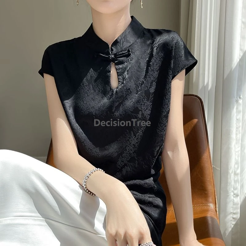 New vintage chinese style daily improved qipao top sexy Slim hollow out temperament jacquard blouse sleeveles button split top