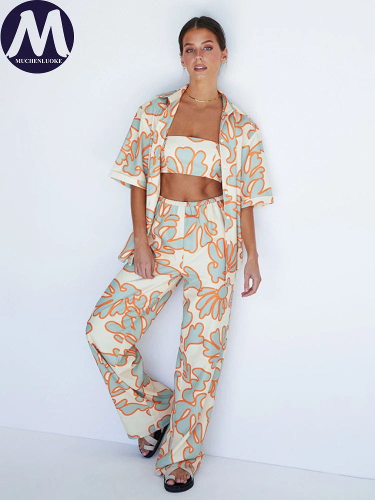 Half Sleeve Tops and Pants Set for Women, Casual Loose Suits, Wide Leg Pants, New Fashion Printing, Summer, 3 Pieces