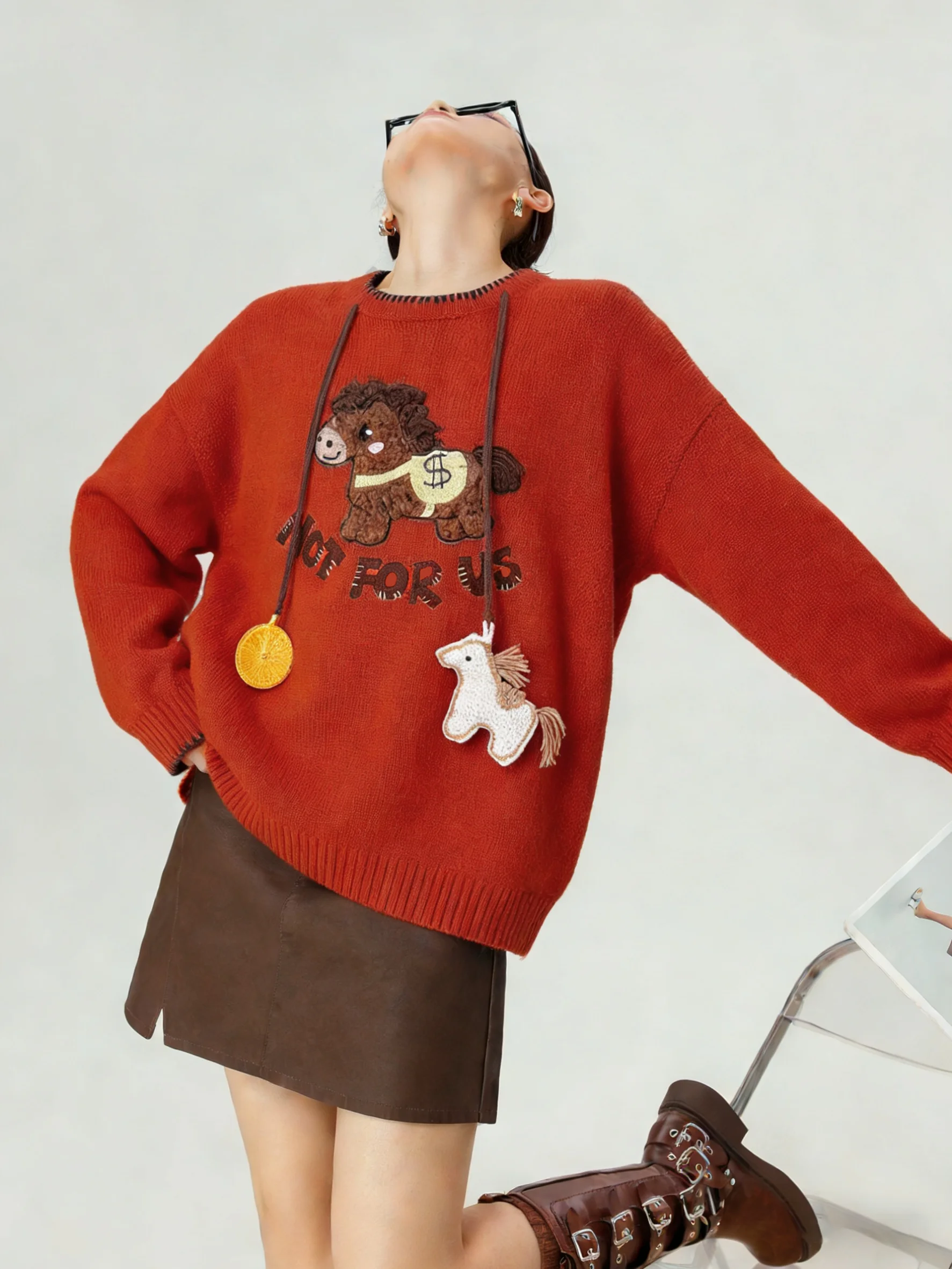 

Orange Dstring Decorative Knitted Loose Sweater Embroidered Lazy New Year Clothes Small Fem Faion Casual Wear