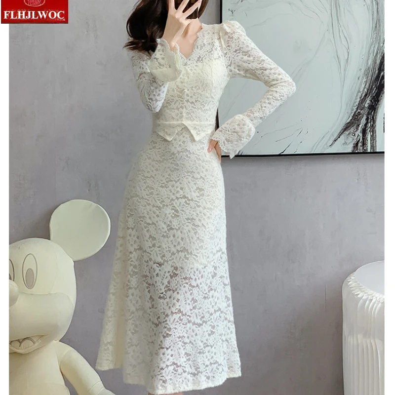 فساتين أنيقة مجوفة من الدانتيل للعام الجديد فستان قميص نسائي ربيعي 2026 بأكمام مضيئة وأرجواني وأبيض وكشكشة من الدانتيل