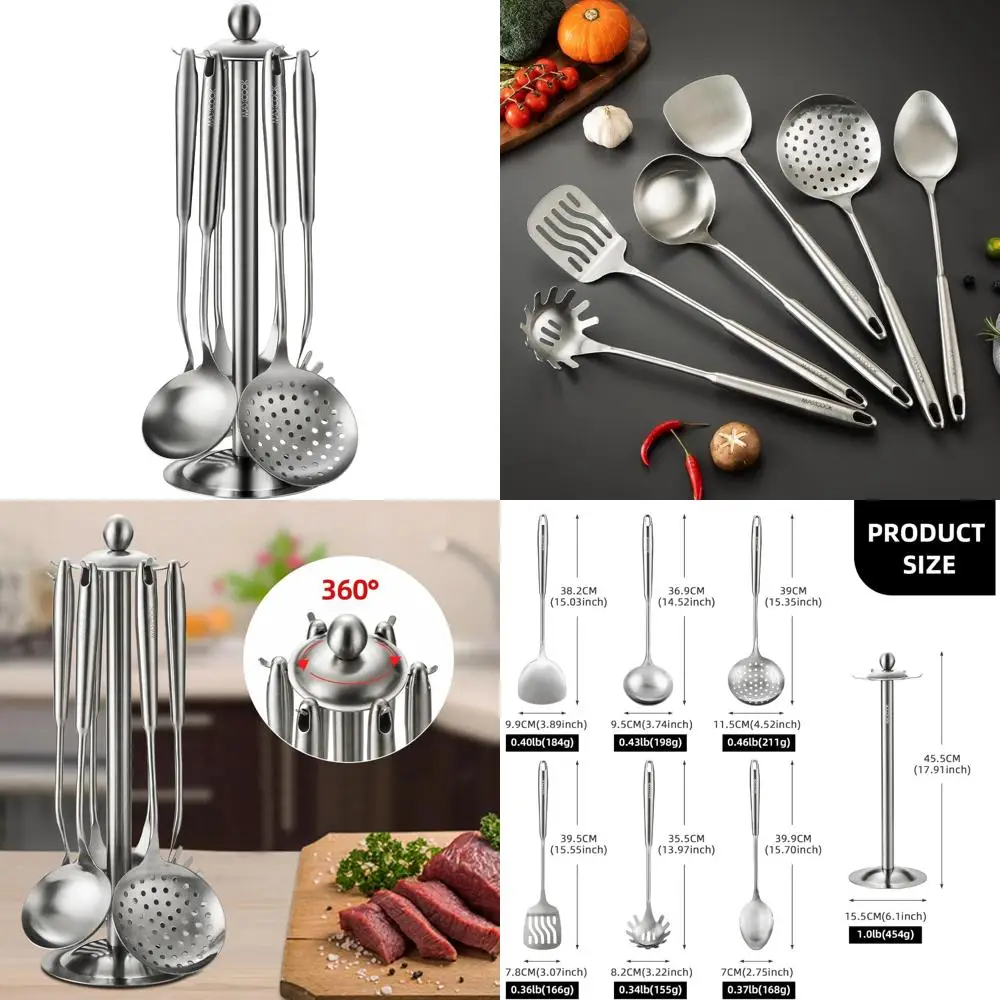 

Набор кухонной утвари из нержавеющей стали 18/8 из 7 предметов с вращающимся держателем и термостойкими функциями