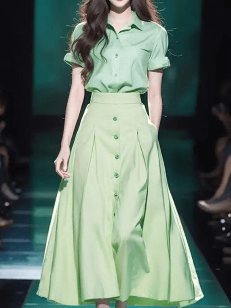 Korea Women's Outfits Green Lantern Sleeves Vintage Top High Waisted Single Breasted Design Chic Skirt Set For Women Spring