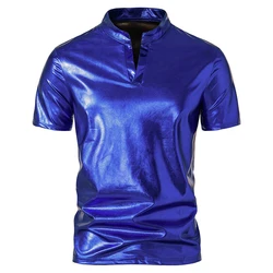 Mens Short Sleeve Top Shiny Glossy T-shirt For Man Disco Party V-Neck Slim Tee Shirts Summer Night Club Wear Stage Costume