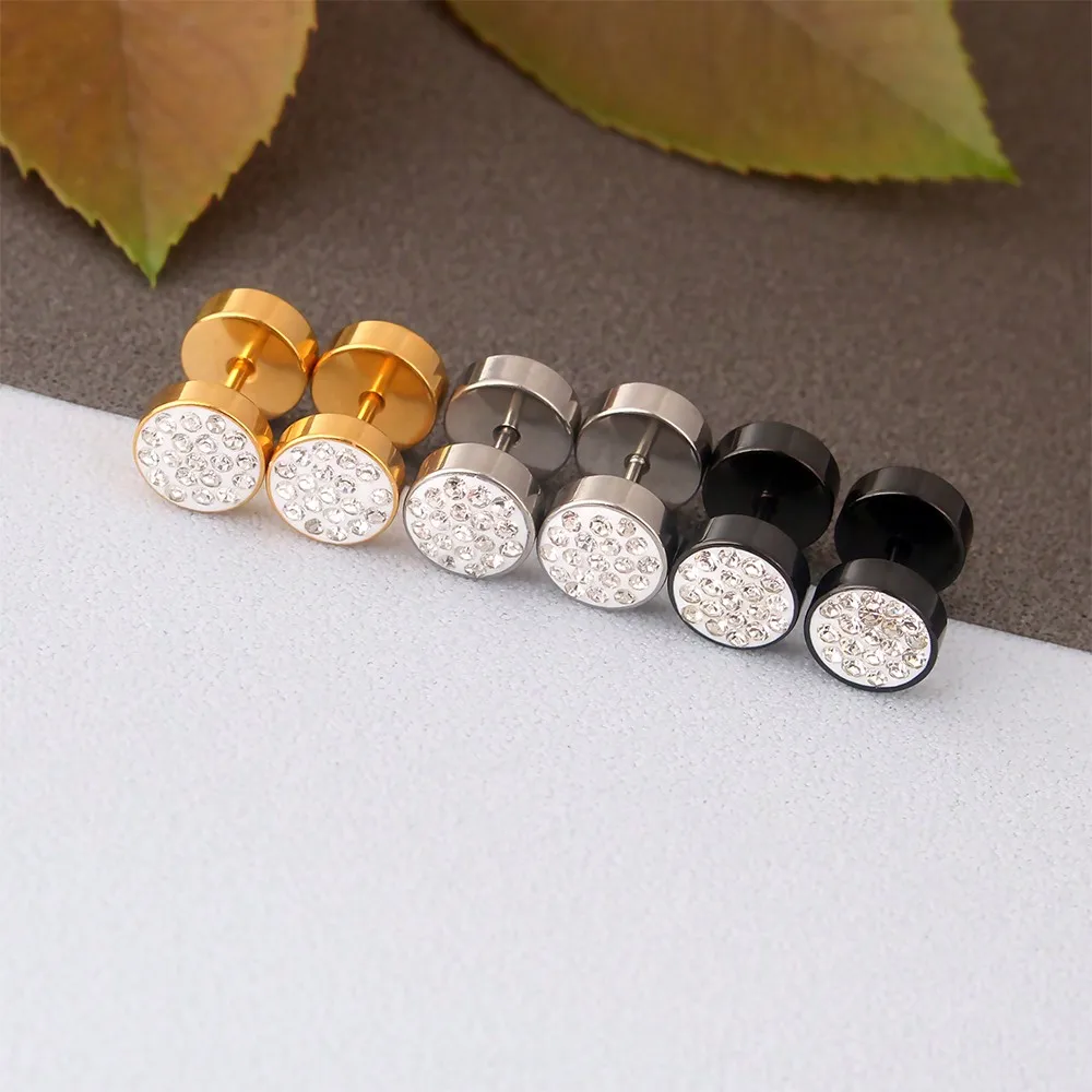 1pair Fashionable Cubic Zirconia Inlaid Stainless Steel Dumbbell Men\'s Stud Earrings
