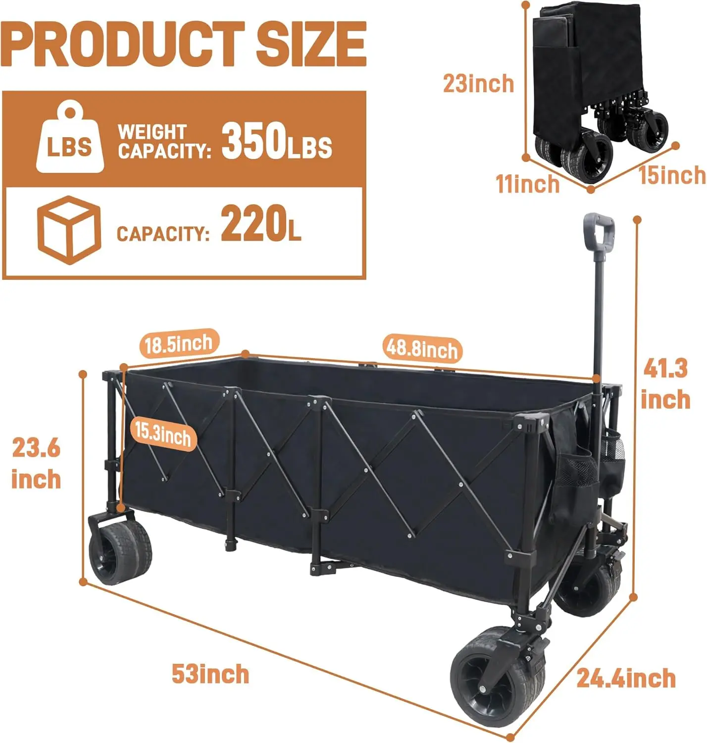 عربة قابلة للطي سعة 220 لترًا مع سعة وزن 350 رطل، عربة شاطئ مع عجلات لجميع التضاريس وحاملات مشروبات، عالي التحمل #3