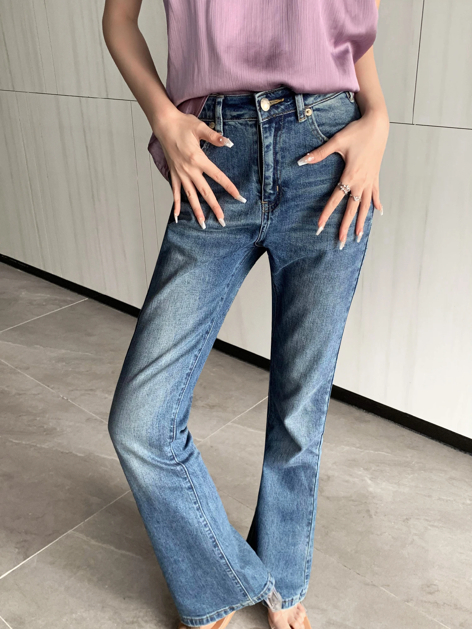 SEXY HIGHT SLIM  DENIM TROUSERS Y2K FASHION JEANS FOR WOMEN BLUE VINTAGE PLEATED MICRO FLARED JEANS-FORGUNROSES