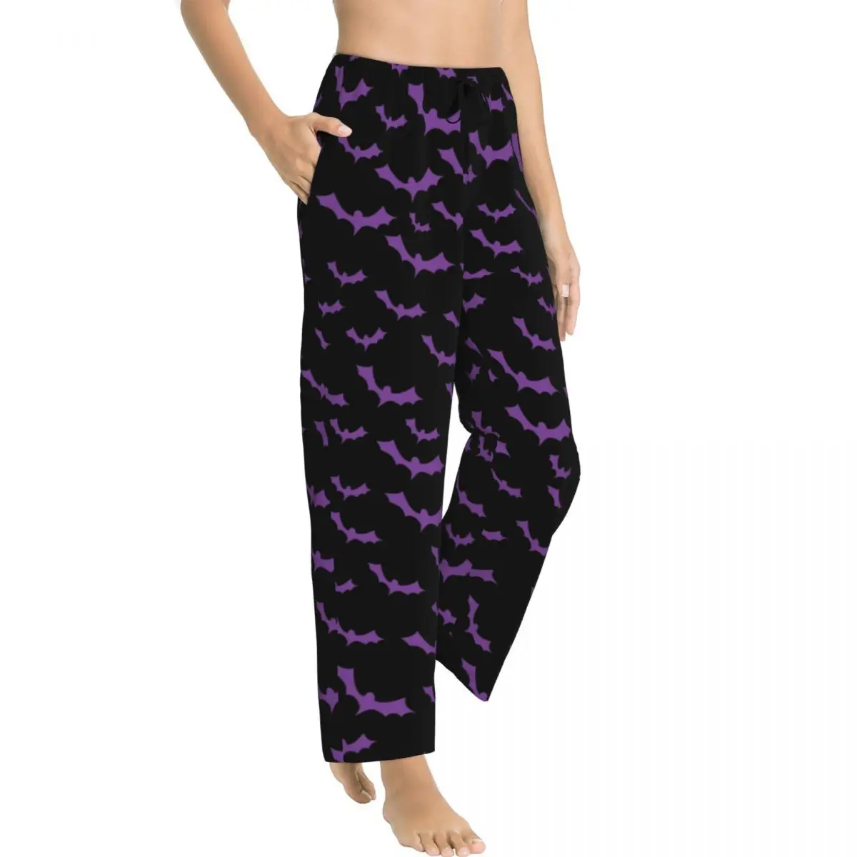 Custom Halloween Bats Pattern Pajama Pants Women Lounge Sleep Stretch Sleepwear Bottoms with Pockets