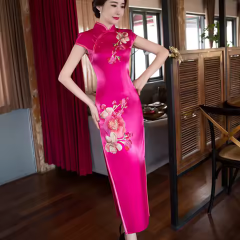 New Ladies Cheongsam Dress Qipao Dresses Women Black Red Traditional Chinese Style Long Dress Embroidery Evening Party Gown