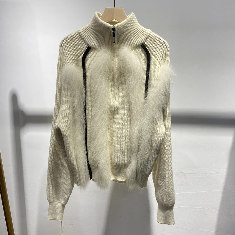 

2025 зимний женский толстый кремовый белый серый свитер из натурального лисьего меха, осенняя вязаная куртка с воротником-стойкой