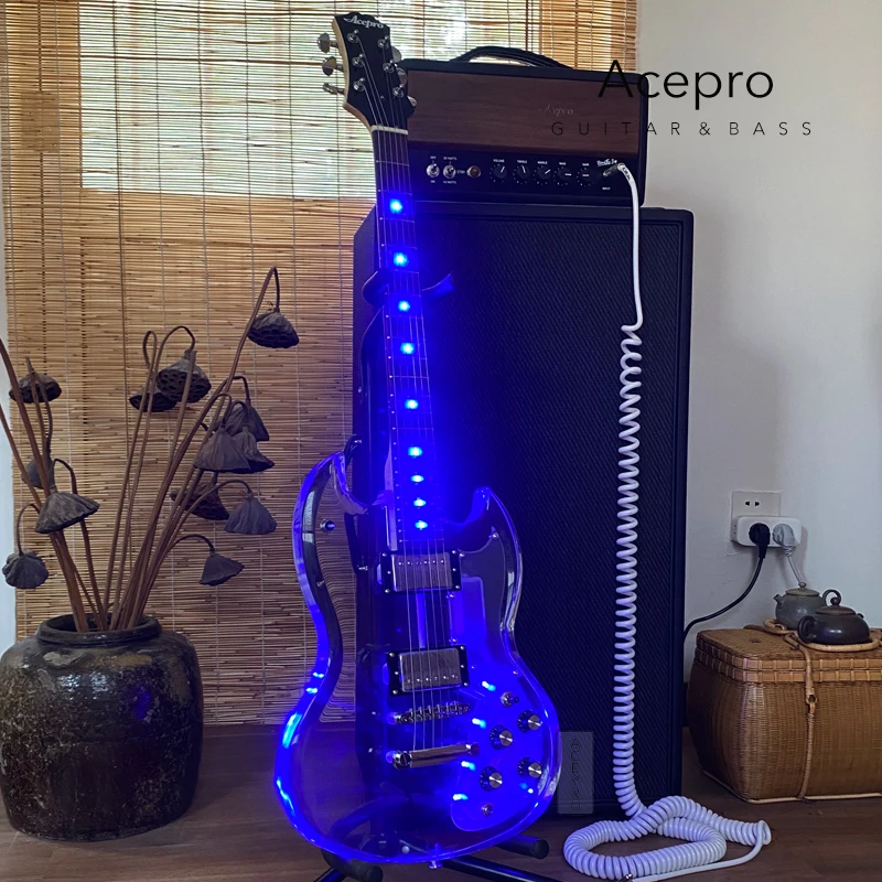 Acepro Blue LEDs Light Electric Guitar, Acrylic Body Crystal Guitarra, Transparent Pickguard, Chrome Hardware, High Quality