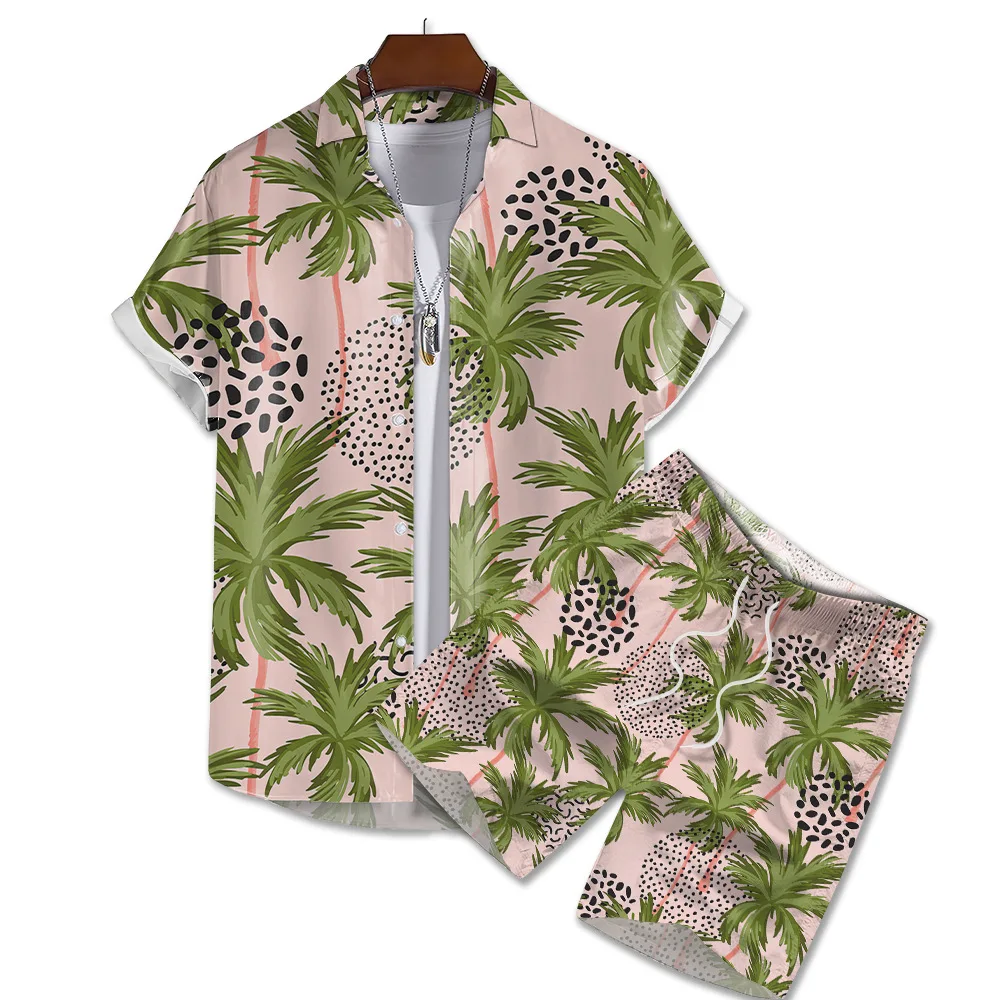 Conjunto de camisa de estilo playero para hombre, camisa de manga corta con estampado 3d de árbol de coco Hawaiano, pantalones cortos, 2 piezas, ropa de calle para vacaciones