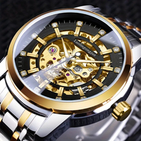 Elegant Men's Automatic Mechanical Watch - Luxurious Business Gentleman Style with Artificial Diamond Decoration, Hollow Design, Alloy Case, Automatic Winding, No Battery - Great for Fashionable Casual Clothing