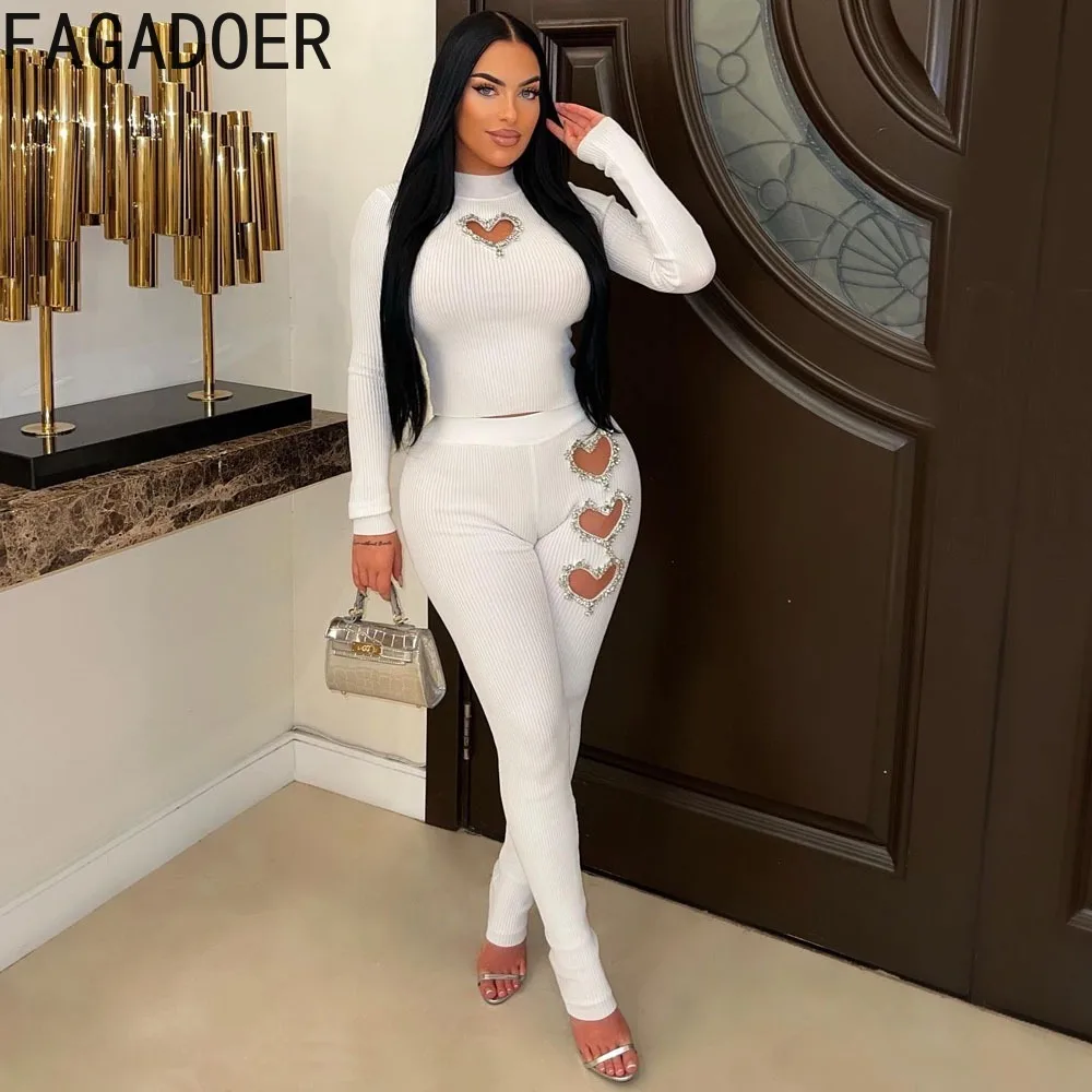 FAGADOER Women Knit Two Piece Set Rib Long Sleeve Top Legging Pants Matching Outfit Y2K Chic Streetwear Outside Boutique Fashion
